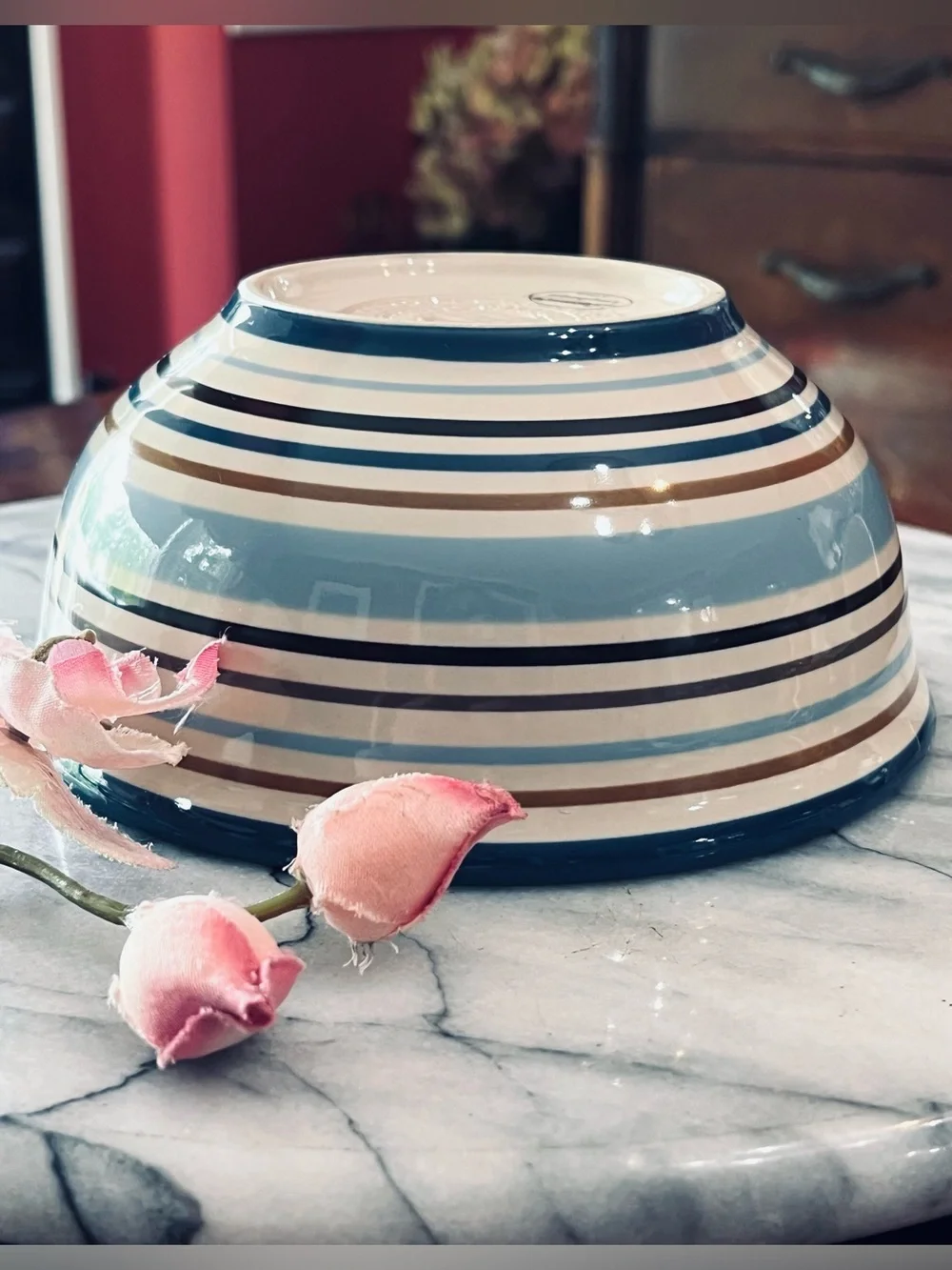 Vintage Longaberger Pottery Cabana Blue Stripe Round Serving Bowl Vitrified USA